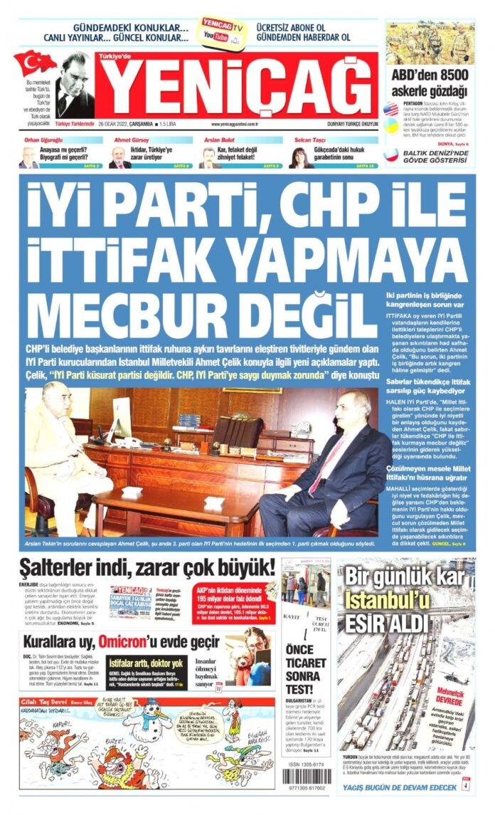 İYİ Partili vekil, sahibi olduğu Yeniçağ’ın manşetinde: “CHP ile ittifak kurmaya mecbur değiliz”