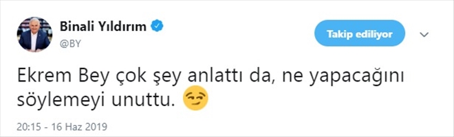 Yıldırım´ın İmamoğlu´na yönelik dikkat çeken tweeti!