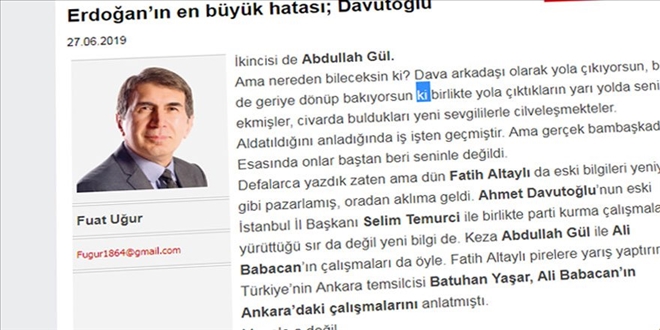 Günah Keçisi Avına Fuat Uğur da Davutoğlu´na İftira Atarak Katılmış! 