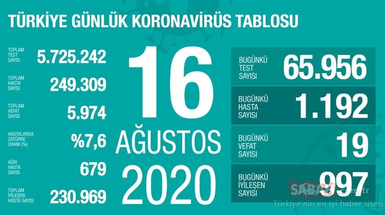 Covit-19 pandemisine dair 16.08.2020 tarihine ait tablo...