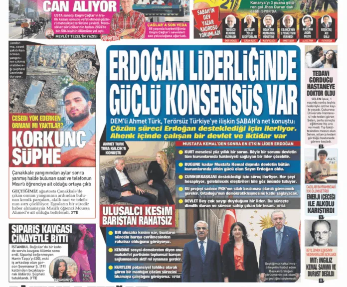 Günün sürpriz manşeti. Ahmet Türk, Sabah’a röportaj verdi: “Çözüm süreci Erdoğan desteklediği için ilerliyor. Devlet ve iktidar ahenk içinde”