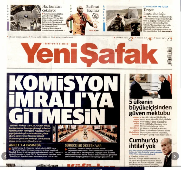 Yeni Şafak’tan Bahçeli’ye cevap gibi manşet: “Komisyon İmralı’ya gitmesin”